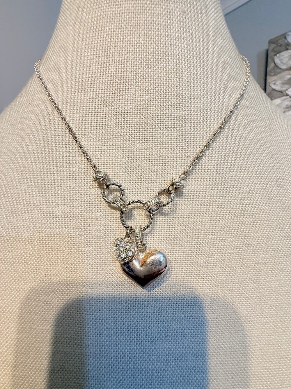 Silver Tone Heart Charm Necklace 16” + 3”